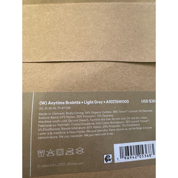 ALLBIRDS Organic Cotton Anytime Bralette Light Gray Size XS New - Picture 4 of 4